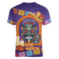 Mexico Day Of The Dead Women V-Neck T-Shirt Sombrero Sugar Skull Marigold Pan De Muerto - Wonder Print Shop