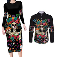 Mexican La Catrina Couples Matching Long Sleeve Bodycon Dress and Long Sleeve Button Shirt Viva Mexico Dia De Muertos - Wonder Print Shop