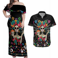 Mexican La Catrina Couples Matching Off Shoulder Maxi Dress and Hawaiian Shirt Viva Mexico Dia De Muertos - Wonder Print Shop