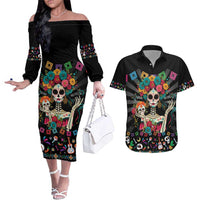 Mexican La Catrina Couples Matching Off The Shoulder Long Sleeve Dress and Hawaiian Shirt Viva Mexico Dia De Muertos - Wonder Print Shop