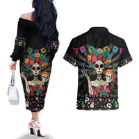 Mexican La Catrina Couples Matching Off The Shoulder Long Sleeve Dress and Hawaiian Shirt Viva Mexico Dia De Muertos - Wonder Print Shop