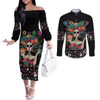 Mexican La Catrina Couples Matching Off The Shoulder Long Sleeve Dress and Long Sleeve Button Shirt Viva Mexico Dia De Muertos - Wonder Print Shop