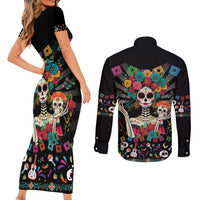 Mexican La Catrina Couples Matching Short Sleeve Bodycon Dress and Long Sleeve Button Shirt Viva Mexico Dia De Muertos - Wonder Print Shop