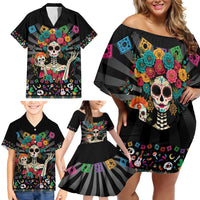 Mexican La Catrina Family Matching Off Shoulder Short Dress and Hawaiian Shirt Viva Mexico Dia De Muertos - Wonder Print Shop