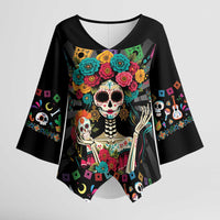 Mexican La Catrina Kimono Sleeve Blouse Viva Mexico Dia De Muertos - Wonder Print Shop