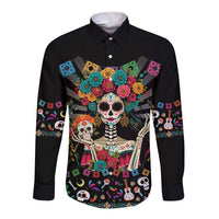 Mexican La Catrina Long Sleeve Button Shirt Viva Mexico Dia De Muertos - Wonder Print Shop