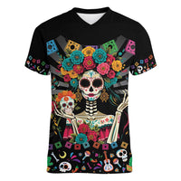 Mexican La Catrina Women V-Neck T-Shirt Viva Mexico Dia De Muertos - Wonder Print Shop