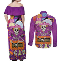 Dia De Muertos Mexico Couples Matching Off Shoulder Maxi Dress and Long Sleeve Button Shirt La Calavera Catrina - Wonder Print Shop