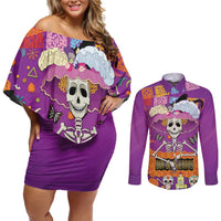 Dia De Muertos Mexico Couples Matching Off Shoulder Short Dress and Long Sleeve Button Shirt La Calavera Catrina - Wonder Print Shop