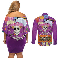 Dia De Muertos Mexico Couples Matching Off Shoulder Short Dress and Long Sleeve Button Shirt La Calavera Catrina - Wonder Print Shop