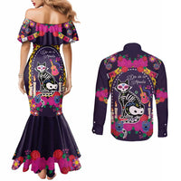 Mexico Day Of The Dead Couples Matching Mermaid Dress and Long Sleeve Button Shirt Cat Skeleton Dia De Los Meowtos - Wonder Print Shop