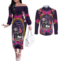 Mexico Day Of The Dead Couples Matching Off The Shoulder Long Sleeve Dress and Long Sleeve Button Shirt Cat Skeleton Dia De Los Meowtos - Wonder Print Shop