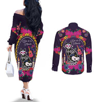 Mexico Day Of The Dead Couples Matching Off The Shoulder Long Sleeve Dress and Long Sleeve Button Shirt Cat Skeleton Dia De Los Meowtos - Wonder Print Shop
