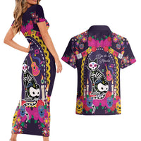 Mexico Day Of The Dead Couples Matching Short Sleeve Bodycon Dress and Hawaiian Shirt Cat Skeleton Dia De Los Meowtos - Wonder Print Shop