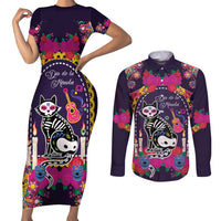 Mexico Day Of The Dead Couples Matching Short Sleeve Bodycon Dress and Long Sleeve Button Shirt Cat Skeleton Dia De Los Meowtos - Wonder Print Shop