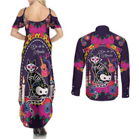 Mexico Day Of The Dead Couples Matching Summer Maxi Dress and Long Sleeve Button Shirt Cat Skeleton Dia De Los Meowtos - Wonder Print Shop
