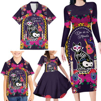 Mexico Day Of The Dead Family Matching Long Sleeve Bodycon Dress and Hawaiian Shirt Cat Skeleton Dia De Los Meowtos - Wonder Print Shop