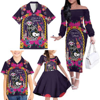 Mexico Day Of The Dead Family Matching Off The Shoulder Long Sleeve Dress and Hawaiian Shirt Cat Skeleton Dia De Los Meowtos - Wonder Print Shop
