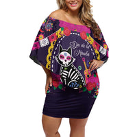 Mexico Day Of The Dead Family Matching Off Shoulder Short Dress and Hawaiian Shirt Cat Skeleton Dia De Los Meowtos - Wonder Print Shop
