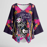 Mexico Day Of The Dead Kimono Sleeve Blouse Cat Skeleton Dia De Los Meowtos - Wonder Print Shop