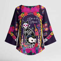 Mexico Day Of The Dead Kimono Sleeve Blouse Cat Skeleton Dia De Los Meowtos - Wonder Print Shop