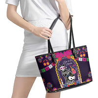 Mexico Day Of The Dead Leather Tote Bag Cat Skeleton Dia De Los Meowtos - Wonder Print Shop