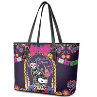 Mexico Day Of The Dead Leather Tote Bag Cat Skeleton Dia De Los Meowtos - Wonder Print Shop