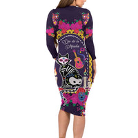 Mexico Day Of The Dead Long Sleeve Bodycon Dress Cat Skeleton Dia De Los Meowtos - Wonder Print Shop