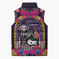 Mexico Day Of The Dead Sleeveless Puffer Jacket Cat Skeleton Dia De Los Meowtos - Wonder Print Shop