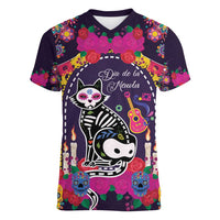 Mexico Day Of The Dead Women V-Neck T-Shirt Cat Skeleton Dia De Los Meowtos - Wonder Print Shop