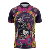Mexico Day Of The Dead Zipper Polo Shirt Cat Skeleton Dia De Los Meowtos - Wonder Print Shop