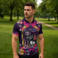 Mexico Day Of The Dead Zipper Polo Shirt Cat Skeleton Dia De Los Meowtos - Wonder Print Shop