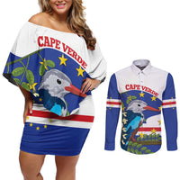 Cape Verde Couples Matching Off Shoulder Short Dress and Long Sleeve Button Shirt Grey-Headed Kingfisher Mix Honey Locust - Wonder Print Shop