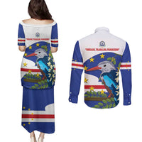 Cape Verde Couples Matching Puletasi and Long Sleeve Button Shirt Grey-Headed Kingfisher Mix Honey Locust - Wonder Print Shop