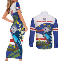 Cape Verde Couples Matching Short Sleeve Bodycon Dress and Long Sleeve Button Shirt Grey-Headed Kingfisher Mix Honey Locust - Wonder Print Shop