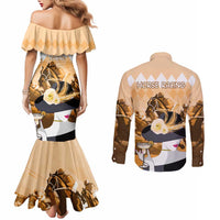 Kentucky Horse Racing Couples Matching Mermaid Dress and Long Sleeve Button Shirt Derby Mint Julep Girl - Gold Pastel LT14