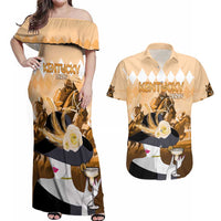 Kentucky Horse Racing Couples Matching Off Shoulder Maxi Dress and Hawaiian Shirt Derby Mint Julep Girl - Gold Pastel LT14