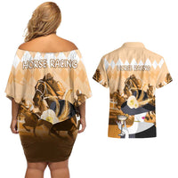 Kentucky Horse Racing Couples Matching Off Shoulder Short Dress and Hawaiian Shirt Derby Mint Julep Girl - Gold Pastel LT14