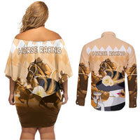Kentucky Horse Racing Couples Matching Off Shoulder Short Dress and Long Sleeve Button Shirt Derby Mint Julep Girl - Gold Pastel LT14
