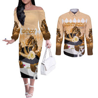 Kentucky Horse Racing Couples Matching Off The Shoulder Long Sleeve Dress and Long Sleeve Button Shirt Derby Mint Julep Girl - Gold Pastel LT14