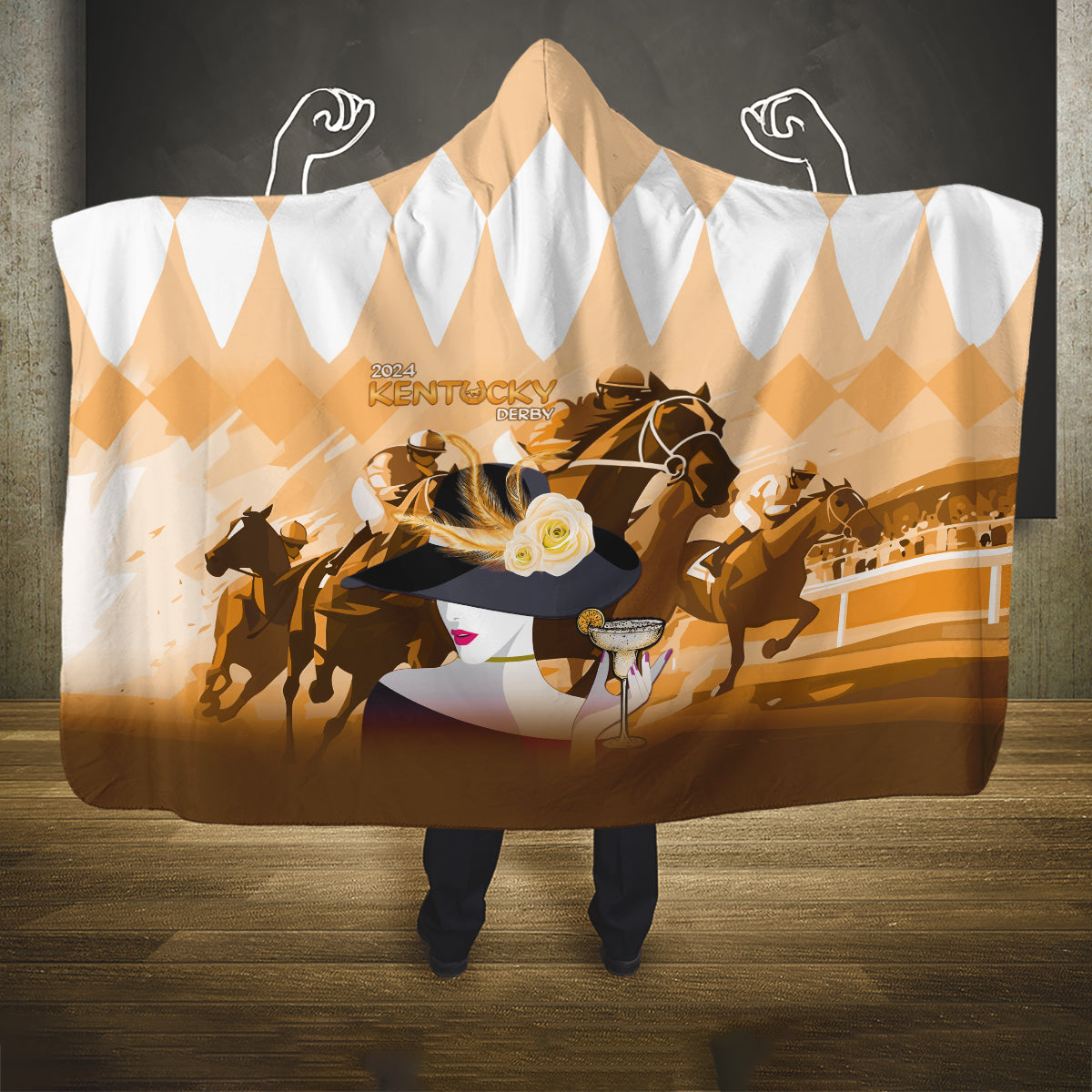2024 Kentucky Horse Racing Hooded Blanket Derby Mint Julep Girl - Gold Pastel