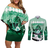 Kentucky Horse Racing Couples Matching Off Shoulder Short Dress and Long Sleeve Button Shirt Derby Mint Julep Girl - Green Pastel LT14