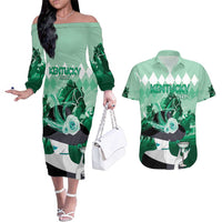 Kentucky Horse Racing Couples Matching Off The Shoulder Long Sleeve Dress and Hawaiian Shirt Derby Mint Julep Girl - Green Pastel LT14