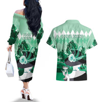 Kentucky Horse Racing Couples Matching Off The Shoulder Long Sleeve Dress and Hawaiian Shirt Derby Mint Julep Girl - Green Pastel LT14
