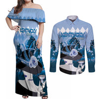 Kentucky Horse Racing Couples Matching Off Shoulder Maxi Dress and Long Sleeve Button Shirt Derby Mint Julep Girl - Blue Pastel LT14