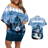 Kentucky Horse Racing Couples Matching Off Shoulder Short Dress and Hawaiian Shirt Derby Mint Julep Girl - Blue Pastel LT14