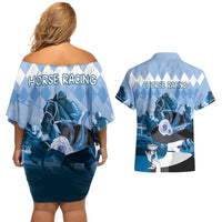 Kentucky Horse Racing Couples Matching Off Shoulder Short Dress and Hawaiian Shirt Derby Mint Julep Girl - Blue Pastel LT14