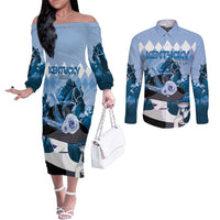 Kentucky Horse Racing Couples Matching Off The Shoulder Long Sleeve Dress and Long Sleeve Button Shirt Derby Mint Julep Girl - Blue Pastel LT14