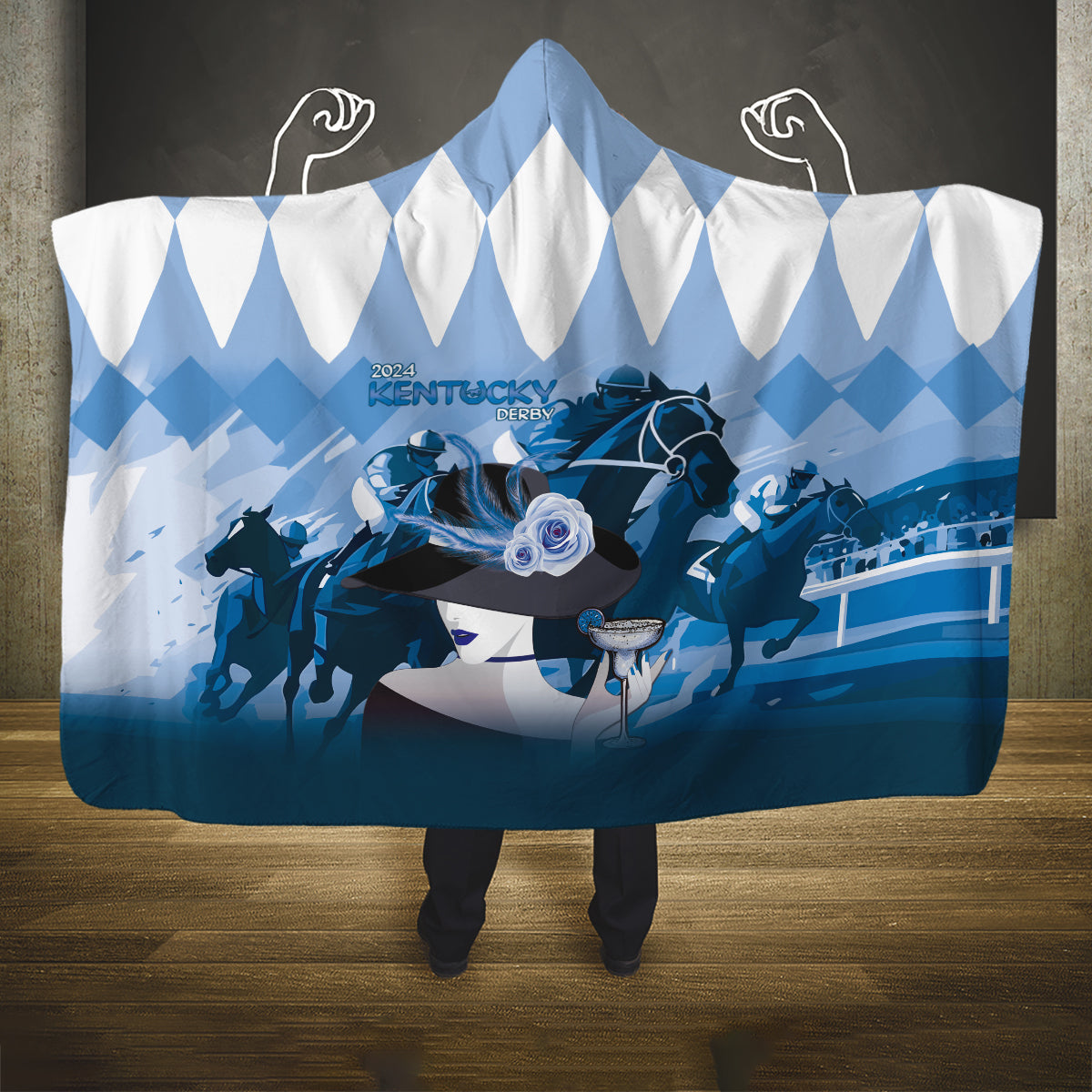 2024 Kentucky Horse Racing Hooded Blanket Derby Mint Julep Girl - Blue Pastel