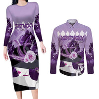 Kentucky Horse Racing Couples Matching Long Sleeve Bodycon Dress and Long Sleeve Button Shirt Derby Mint Julep Girl - Purple Pastel LT14